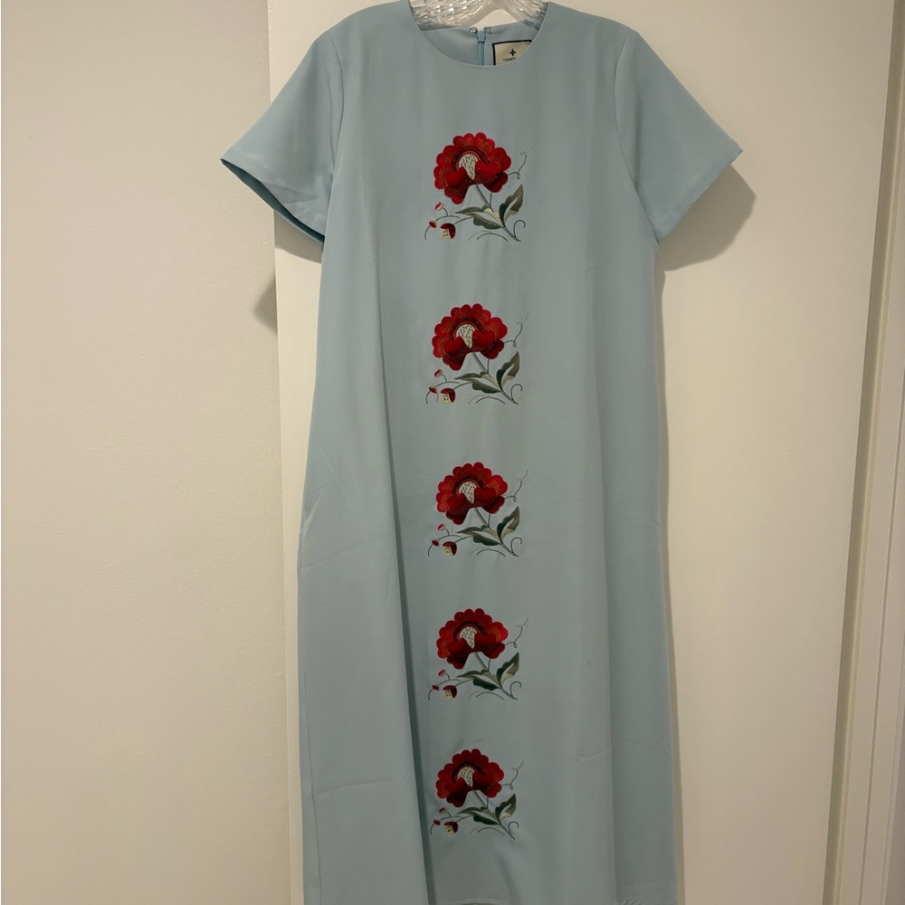 Tuckernuck Light Blue Maxi Dress with Red Floral Embroidery